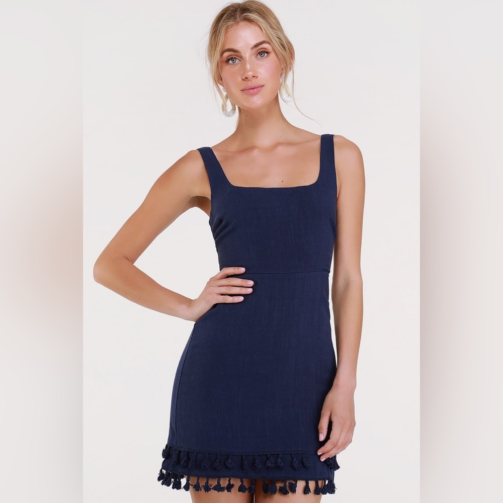 Fun Navy Blue Dress - Square Neck Dress - Blue Tassel Mini Dress - Lulus